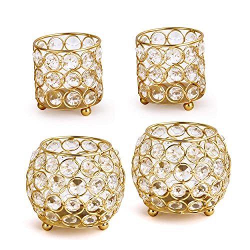 Tied Ribbons Crystal Tealight Candle Holder Centerpiece, Large | Gold, Metal Rim | Set Of 4 | 3.5 X 3.9 Inch | Votive Candle Tea Light Holder For Home Decoration, Wedding, Dinning Table #TOP4