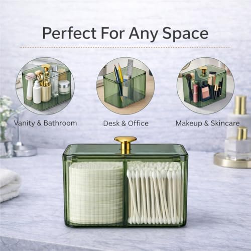 Image of KiZY Cotton Swab Holders, Acrylic Cotton Pad Holder, Qtip Holder with Lid, for Bathroom Canister Storage Organization, Vanity Cosmetic Makeup Organizer (Green, B)