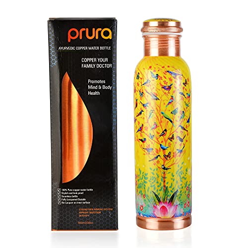 PRURA Kupfer-Trinkflasche, auslaufsicher, ayurvedisch, reines Kupfer, 900 ml, Design 15 Cover
