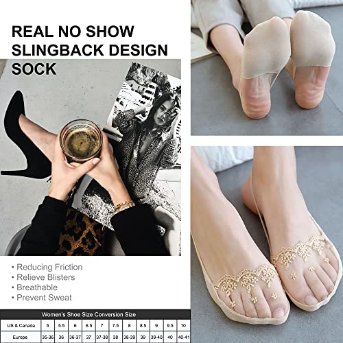 4 Pairs Breathable Lace No Show Socks, Toe Topper Half Socks, Low Cut Liner Slingback Sock.4