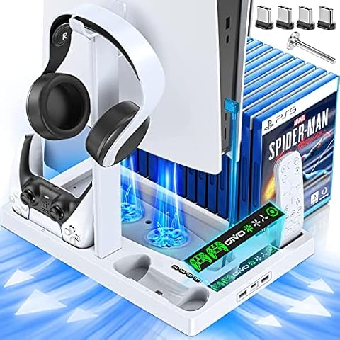 OIVO PS5 Stand with Cooling Fan and Headphone Holder, PS5 Cooling Fan with Dual PS5 Charging Station, PS5 Accessories for PS5 Console with 15 Game Slots Cover