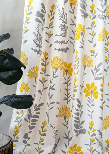 Image of Tranquebar Curtain Co. Cotton Curtains 8 Feet Long, 60-65% Room Darkening, Yellow Floral Print, 8 Feet Curtains, 8 Feet Curtains, BackTab Loops, Design Mazzo (244 cm) - Set of 2
