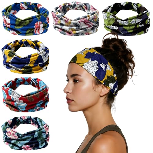 Image of HSEM Headbands for Women 6-Pack - Boho Flower Wide Head Bands, Non-Slip Thick Hair Bands - Large Knotted Soft Stretchy Sweatbands for Workout, Washing Face, Makeup, Running, Spa & Yoga