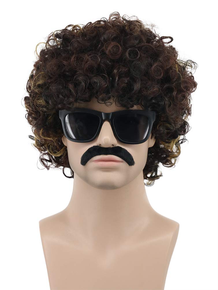 VGbeaty Men Short Curly Brown Rocker Black Mustache Beard Wig California Halloween Party Wig Brown And Blonde with Mustache