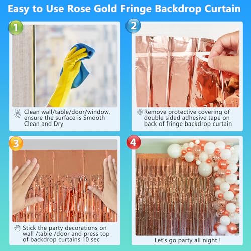 Image of Rose Gold Birthday Party Decorations Foil Fringe Backdrop Curtain 2 Pack 3.3x8.2 Ft, Rose Gold Streamers Happy Birthday Banner Backdrop Arch Decor for Sweet 16 Women Girl Baby Shower Bridal Shower