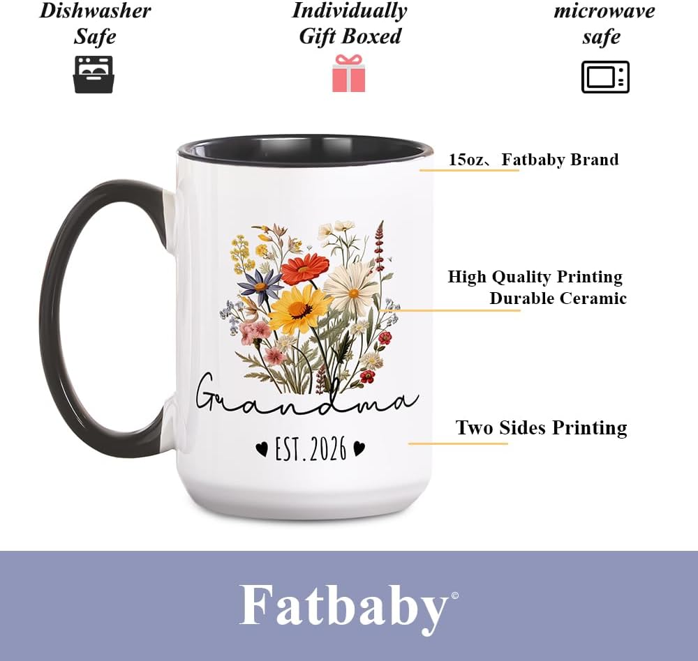 Fatbaby Grandma Est 2026 Coffee Mug, Pregnancy Announcement Baby Shower Christmas Mother’s Day Gifts for New Grandmother, Promoted to Grandma Tea Cup 15 OZ - Image 5