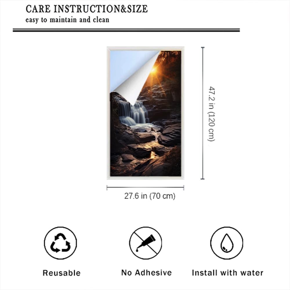 Sunset Over Waterfall Stained Glass Window Film Woods Nature Landscape Window Privacy Film Self-Adhesive Glass Film Decorative Sticker Frosted Film for Home Office 27.6Wx47.2L inch