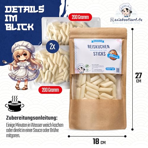 asiafoodland - Reiskuchen natur - Reis Sticks - Rice Cake - Reisnudeln - für z.B. Tteok-bokki/Topokki, 1er Pack (1 x 400g)