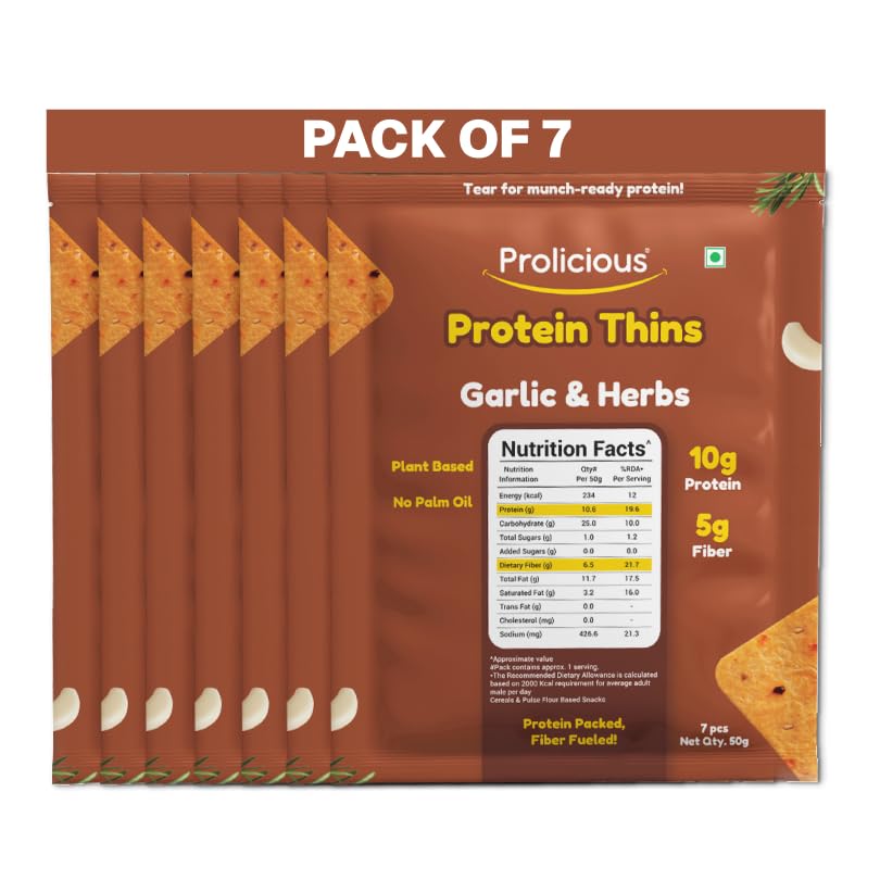 Image of Prolicious Thins Garlic & Herbs High Protein Chips | Upgrade Your Snacking | 10g Protein + 5g Fibre | Same Crunch, Snack Smarter | Plant Based | No Palm Oil | 50g, Pack of 7