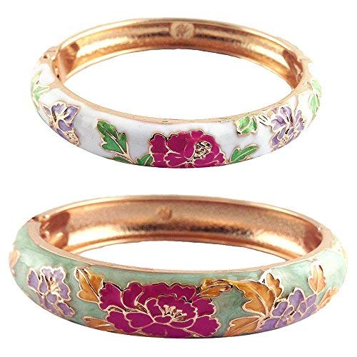 UJOY Cloisonne Couple Colors Bracelets Golden Sunflower Enameled Spring Hinged Cuff Bangles Girls Womens Gifts Jewelry 55C48 green white - Image 3