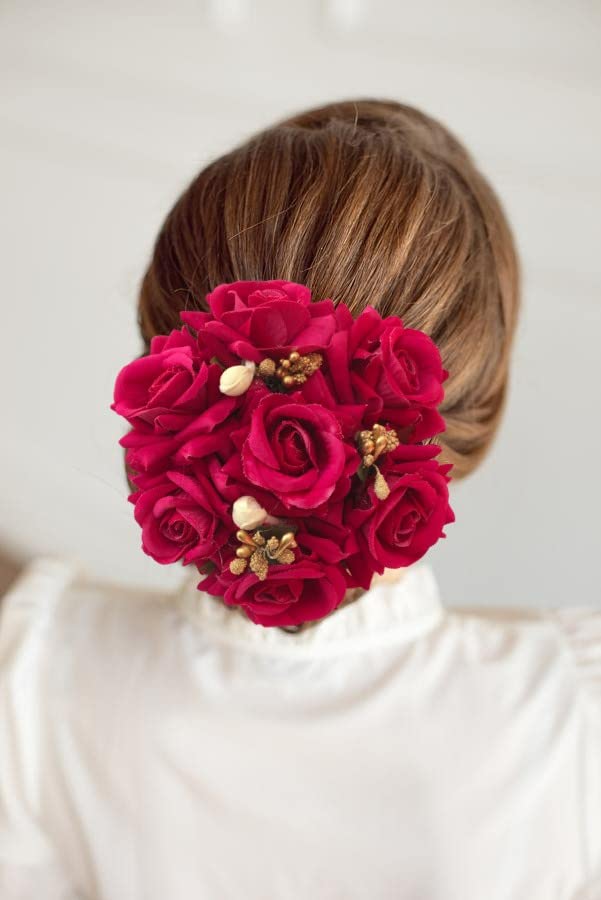 Samyak Artificial Rose Flower Juda Bun Handmade Floral Bun Decoration Wedding Bridal Traditional Accessories For Women & Girls (Magenta),Multi-image-13