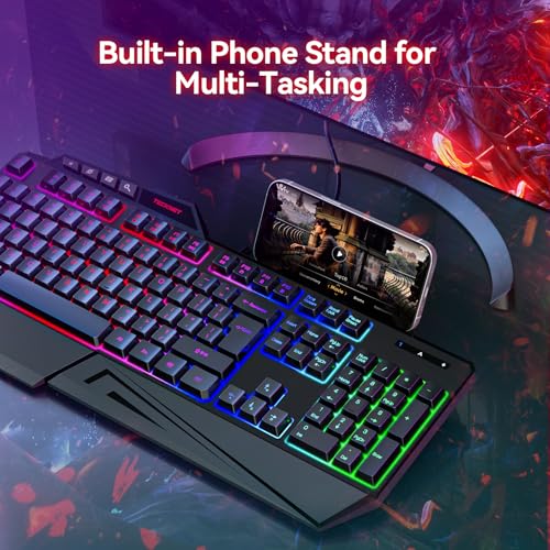 TECKNET Wired RGB Gaming Keyboard - 26-Key Anti-Ghosting, 13 Lighting Modes, Spill-Resistant, 108 Membrane Keys, Plug & Play - with Ergonomic Wrist Rest & Phone Holder for Windows/Mac (Black) - Image 6