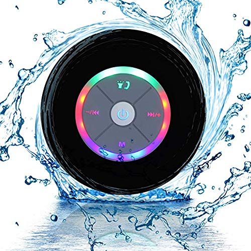 JUSTOP Rainbow LED Bluetooth Shower Speaker With FM Radio, IP67 Portable Fully Waterproof, Hands-Free Speakerphone. Rechargeable Using Micro USB, Perfect Speaker for Golf, Beach, Shower & Home (Black)