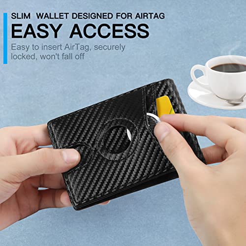 Huztencor AirTag Wallet, Mens Slim Wallet with Money Clip RFID Blocking Bifold Credit Card Holder Case for Apple Air Tag Carbon Fiber Black and Blue4