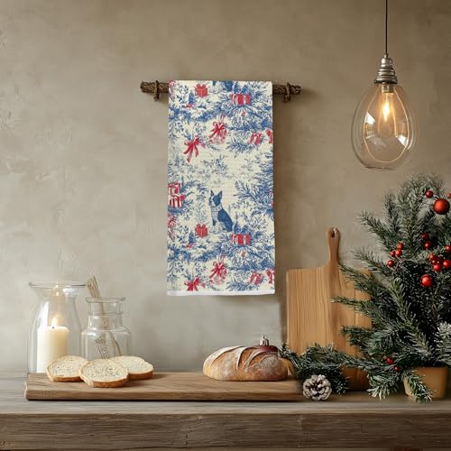 Image of Christmas Blue red Boston Terrier Kitchen Towels, Vintage Dog Lover Gifts Dish Tea Towels for Kitchen, French Chinoiserie Holiday Decorative Hand Towel for Bathroom, 16x24 Inch