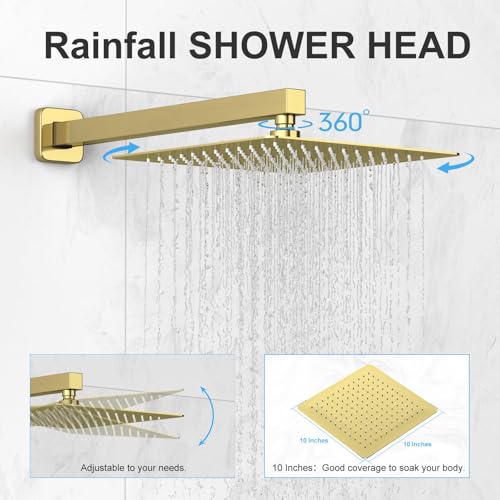 Combo de Cabezal de Ducha, Cabezal de Ducha con Rociador de Mano y Juego de Grifo de Ducha de 10 Pulgadas en Oro para Baño, Alta Presión, Montado en Pared miniatura 2