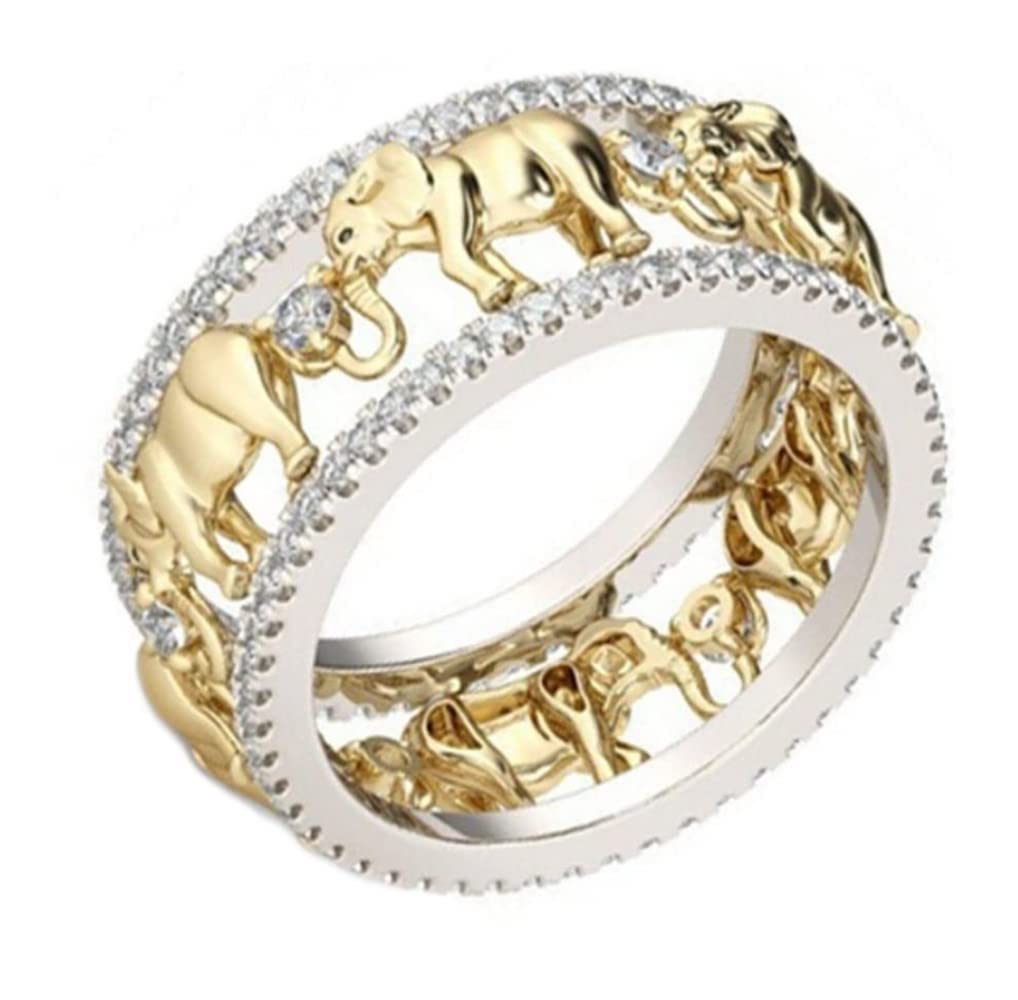 Koguxuix Fashion Jewelry Cubic Zirconia Crystal Cute Elephant Ring Gold and Silver Tow Tone Lucky Animal Rings Size 5-11 for Women(5)