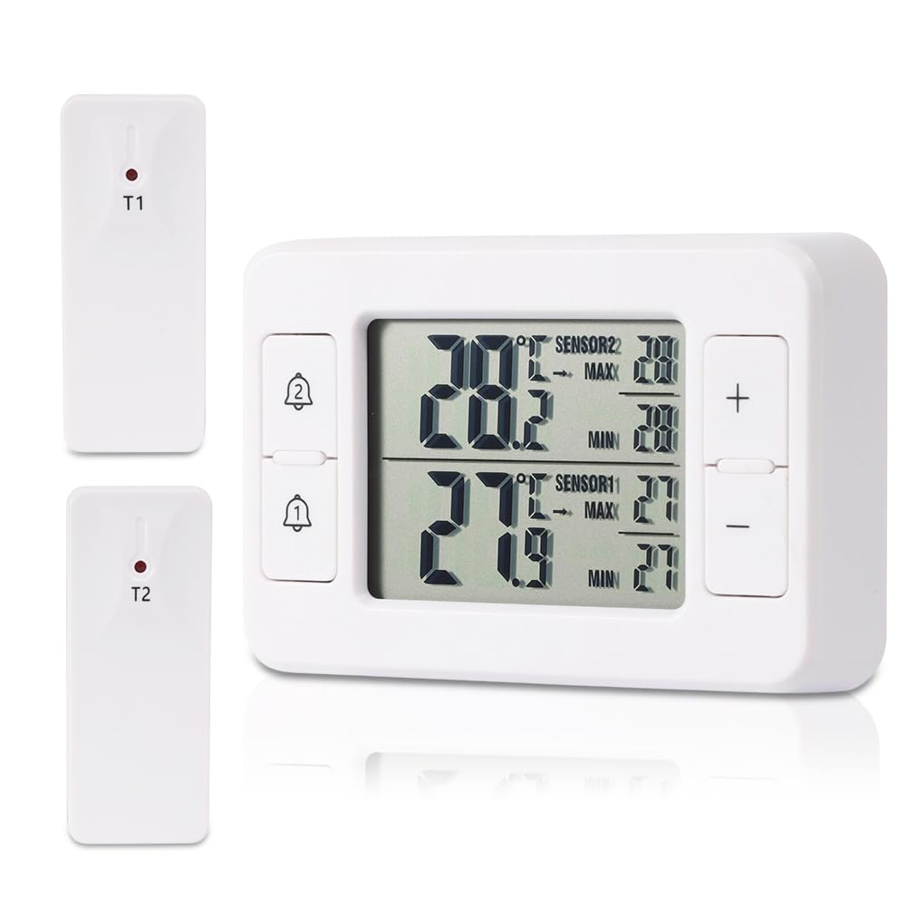Thermomètre de réfrigérateur, thermomètre de congélateur avec 2 capteurs sans fil, thermomètre intérieur extérieur, alarme de température, MIN/MAX, flèche d'affichage de tendance de température