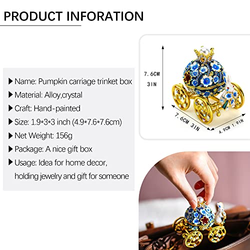 Image of YU FENG 3'' Hand Painted Enamel Pumpkin Carriage Trinket Box With Bunny Flowers Hinged Jewelry Organizer with Crystals Ring Earrings Storage Home Decor Figurine Keepsake Collectible