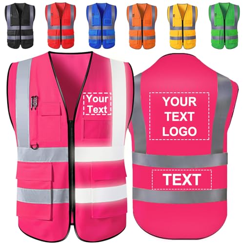 WBgjsnklbnl Gilet Fluorescent de Sécurité Personnalisable Chasuble Adulte Avec Logo/Texte/Nom Personnalisé Gilet Jaune Avec Poches et Fermeture éclair en...