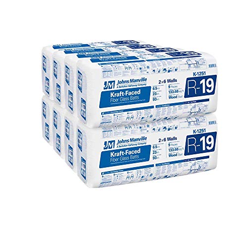 Johns Manville 1337 SQFT 10 Bags of R 19 Kraft Faced 23 by 93 Fiberglass Batts Fits 2X6 Exterior Walls
