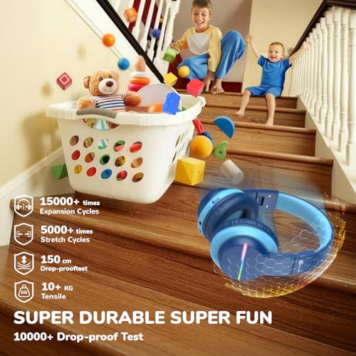 Image of iClever BTH12 Kids Bluetooth Headphones,Colorful LED Lights Kids Headphones Wireless,74 /85dBA Safe Volume,85H Playtime,Fast Charging,Bluetooth 5.2,Over Ear,Built-in Mic for iPad /Tablet /Airplane,Blue