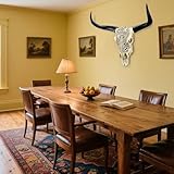 Crâne de vache longhorn sculpté à la main : mesurant 67,8 cm de hauteur (y compris les cornes), 64 cm de hauteur (sans les cornes) et 23,9 cm de largeur. Veuillez noter que les tailles peuvent varier légèrement en raison de la courbure naturelle du crâne et des cornes.