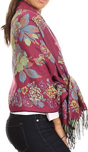Sakkas CHS1810 - Ontario double layer floral Pashmina/Shawl/Wrap/Stole with fringe - 2-FuchsiaGreen - OS3