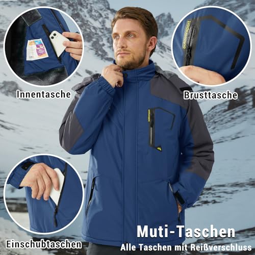 KEFITEVD Snowboardjacke Herren Warm Gefüttert Ski Jacke Wasserdicht Softshell Jacke mit Kapuze Skijacke Herren Dicke Winterjacke Parka Jacke Jagdjacke Dunkelblau XL