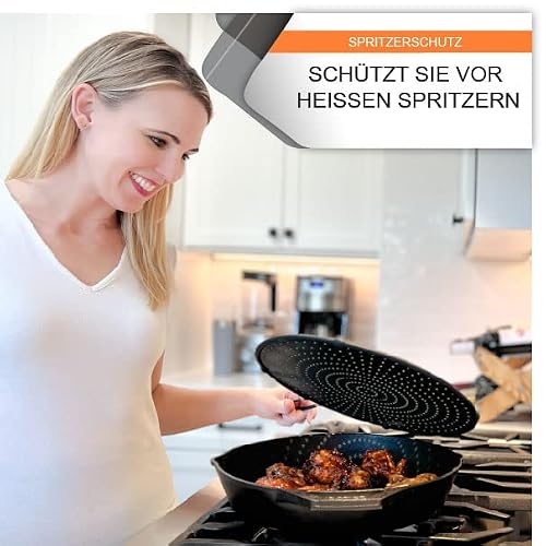Spritzschutz für Pfannen 33 cm aus Silikon mit Edelstahlgriff
