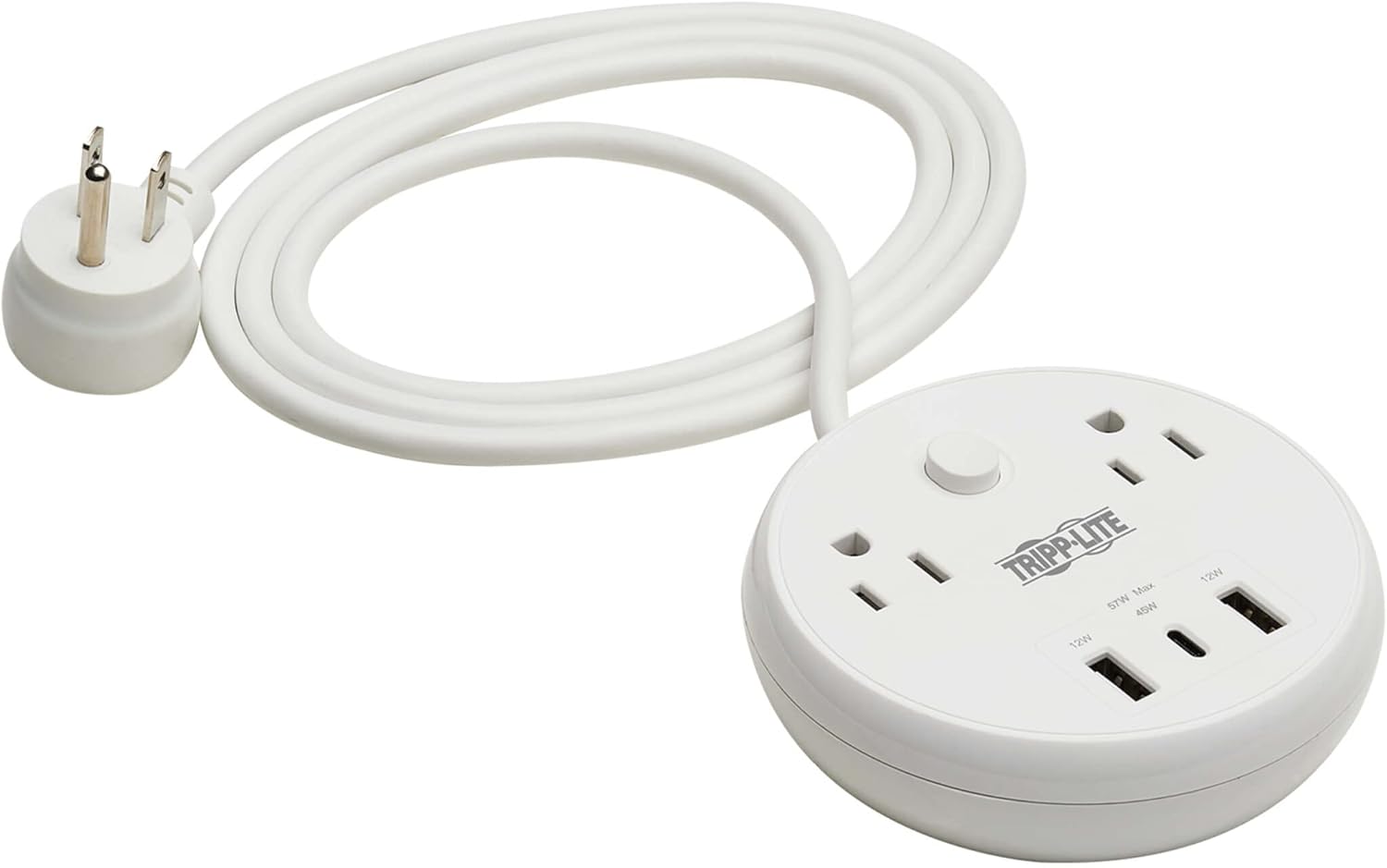 Tripp Lite Safe-IT 57W Surge Protector, 2 Outlets & 2 USB + 1 USB-C Port for Fast Charging, 300 Joules, 8 Foot 5-15P Cord, Manufacturer’s Warranty & ,000 Insurance (TLP28PD57WCAM)
