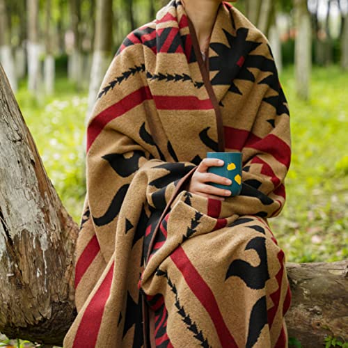 Putian Merino Wool Blanket - Warm, Thick, Washable, 87" X 63" Large Throw For Outdoors, Camping,Couch, Bed, Travel - Super Soft Wool Blanket (Striped Fire Light Tan) #TOP4