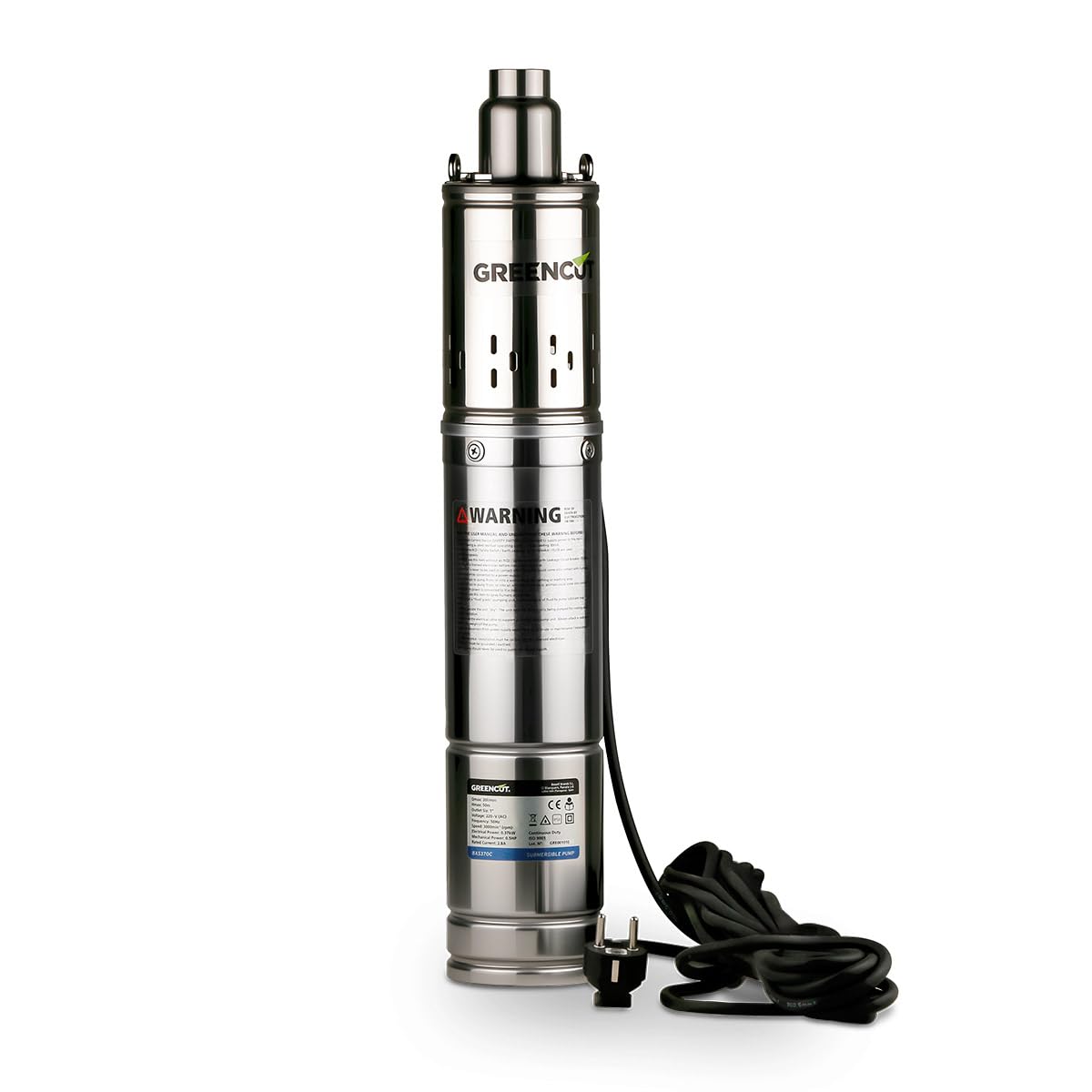 GREENCUT BAS370C Bomba de Agua Sumergible 370 W (~0,5 CV) Ideal Pozos Profundos Caudal Máx de 20 L/min y Altura de Bombeo hasta 50m Compacta, Acero Inoxidable, Fácil de instalar, Riego doméstico.