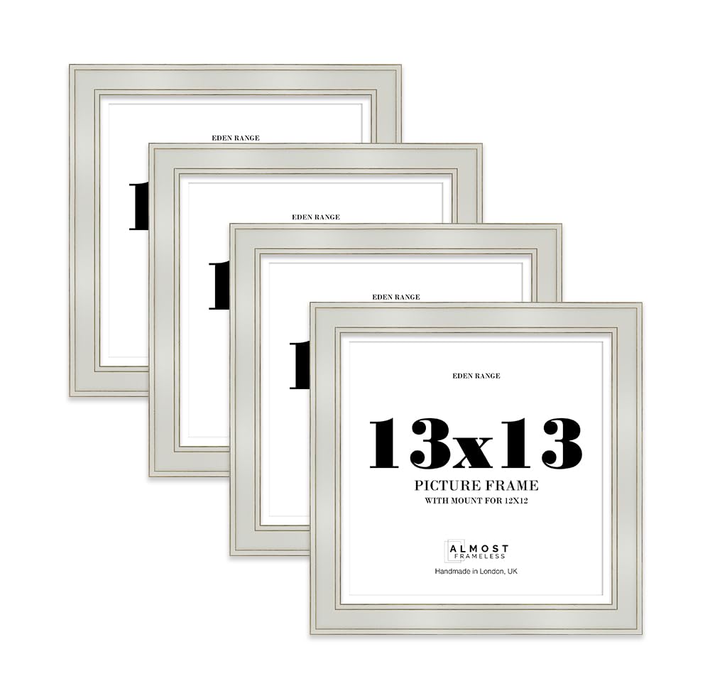 13x13" Light Grey Square Picture Frame with 12x12" Mount - Shabby Chic Photo Frame with Distressed Finish, Gold Trim, Wall Hooks, 37mm Edge - 4 Pack — image 1