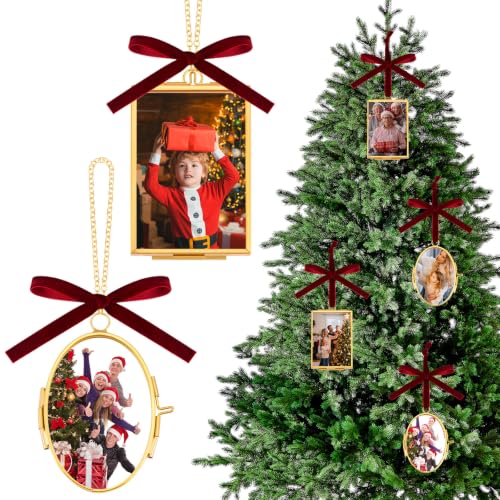 Fiwochic 4 Set Christmas Picture Frame Ornaments for Tree 2 x 3 Inch Brass Double Glass Hanging Photo Ornaments Vintage Gold Picture Frame with Locket Red Velvet Ribbon for Xmas Tree Home Decor