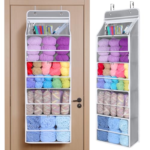 Image of Univivi Hanging Yarn Storage Organizer with 5 Zipper Closure Compartments, Large Capacity Knitting Organizer Storage, Over the Door Hanging Yarn Holder for Knitting Needles, Crochet Hooks (Light Grey)