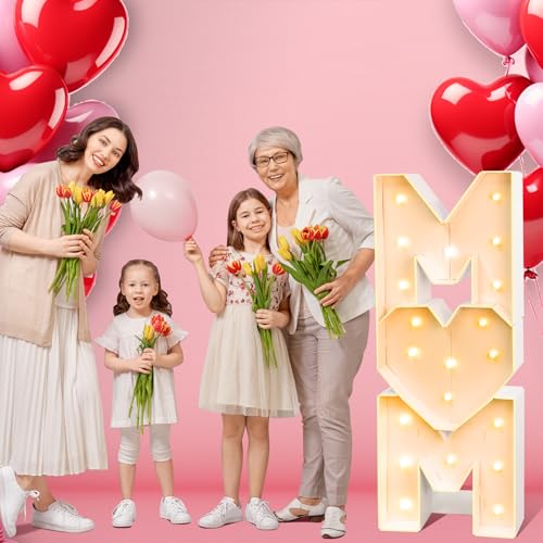 Image of Mother's Day Decorations LED Letter Lights, 4 Feet Tall 'MOM' Marquee Letters Lights Large Heart Sign for Mother's Day Wall Deor Birthday Party Decorations Supplies, White