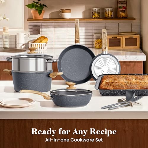 Kitchen Academy 17 Pcs Induction Hob Pots and Pans Set Non Stick, Nonstick Induction Kitchen Cookware Sets, Gray Granite Cooking Saucepan and Frying Pans Set - Image 8