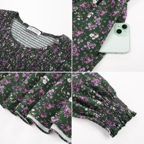 Kate Kasin Long Sleeve Midi Dress for Women, Casual Smocked Vintage Midi Dresses, Modest Fall Floral Wedding Guest Dress3