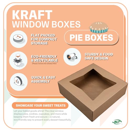 Southern Champion Tray Kraft Window Bakery Box (200 Quantity) 8x8x2.5, Automatic Bakery Carrier for Pies, Donuts, Pastries, Kraft with Clear Lid, 24013K