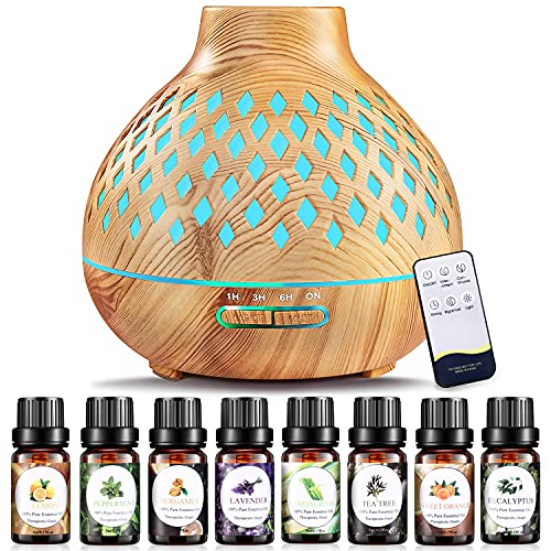 Essential Oil Diffuser with Essential Oils Set 8x10ml, 400ML Aromatherapy Diffuser for Essential Oils with 4 Timer & 7 Ambient Light Settings, Aroma Diffuser with Remote Control, Auto Shut-Off