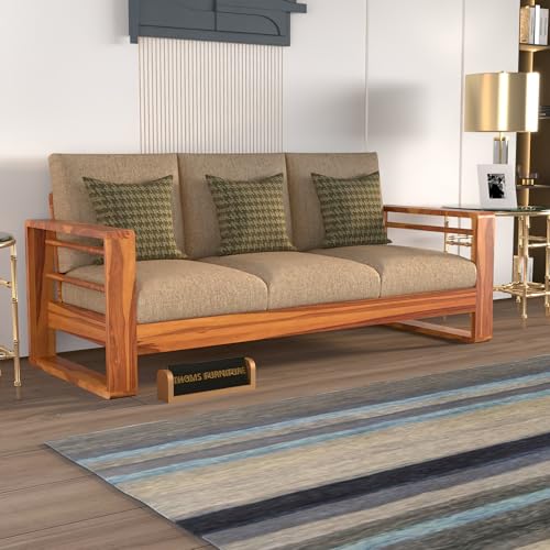 Image of Solid Sheesham Wooden Sofa 3 Seater | 3 Person Sofa - Elegant Wooden Sofa for Living Room | 3 Seater Sofa Set for Office & Home Furniture (Selen Honey, 3 Seater)