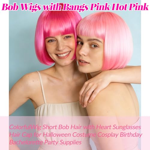 Image of DAJOOEE 2 Pack Party Wigs Wig Cap and Sunglass Set,Short Bob Hair Wigs Straight with Flat Bangs Synthetic Colorful Cosplay Daily Party Neon Wig for Women (Pink Mix)