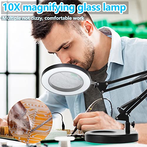 10X Magnifying Glass With Light And Stand, Kirkas 2-In-1 Stepless Dimmable Led Magnifying Desk Lamp With Clamp, 3 Color Modes Lighted Magnifier Swivel Arm Light For Reading, Craft, Close Works -Black #TOP6