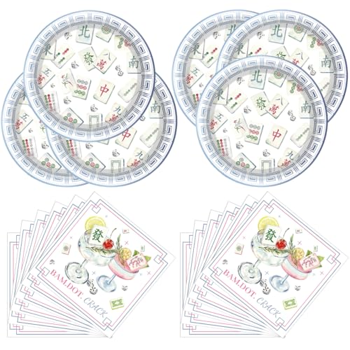 Mahjong Party Plates and Napkins Set - 40pcs Traditional Chinese Mahjong Tile Tableware with BAM.DOT.CRACK Cocktail Napkins Game Night & Asian Themed Party Decorations Supplies