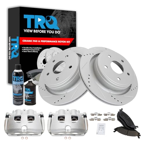 Image of TRQ Rear Performance Brake Pad, Caliper, & Rotor Kit, with Chemical Kit Ceramic Premium G-Coated Compatible with 2012 Ram 1500