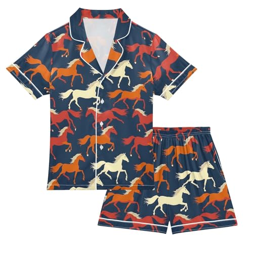 Cartoon Silhouettes Of Horses Summer Satin Pajama Set, Cute Button-Down Sleepwear Pj Set for Sleep Wears