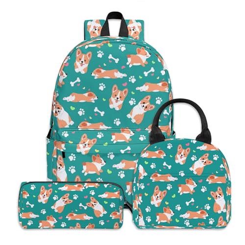 3PCS Cute Corgi Backpack Lunch Box Pencil Case for Girls