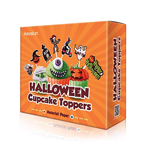 Amosfun Halloween Cupcake Toppers 72Pcs Halloween Cake Topper Picks Decorations Ghost Pumpkin Lantern Skeletons Cupcake Toppers #TOP6
