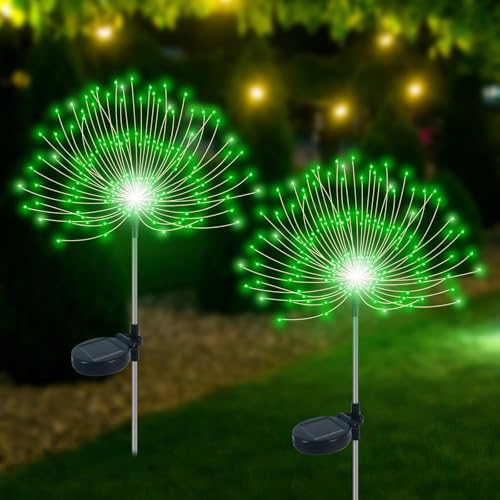 Slyuexu Solar Garden Lights Outdoor Waterproof, 2 Pack 120 LED Solar Firework Lights Decorative Garden Décor Outside for Flowerbed Pathway Party Christmas Decoration, Green by Slyuexu - Used condition - US$17.09